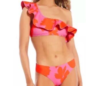 Michael Antonio Pink and Orange One-Shoulder Bikini